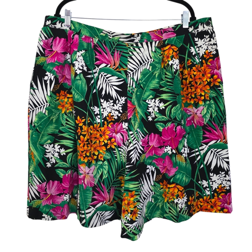 Vintage‎ Rafi Tropical Print Plus Size Stretch Waist Pleated Front Shorts